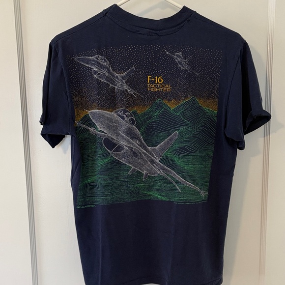 Vintage Navy Blue F-16 Graphic T-Shirt with Jet Design - Picture 3 of 6